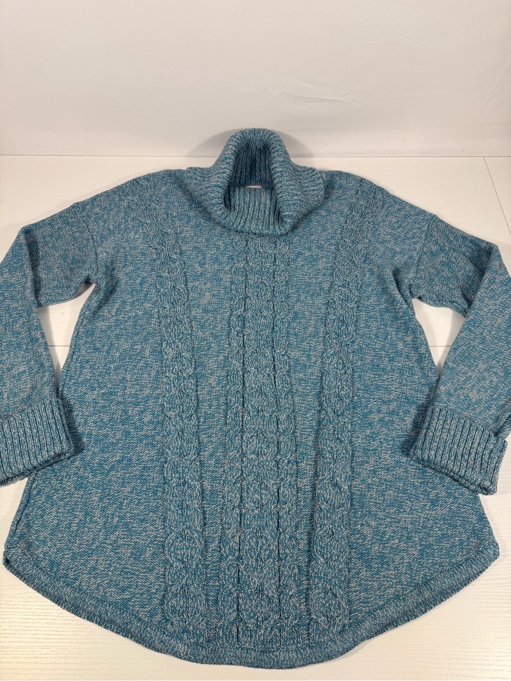 L.L.Bean Cable Knit Cotton Turtleneck Tunic Sweater Blue White Large